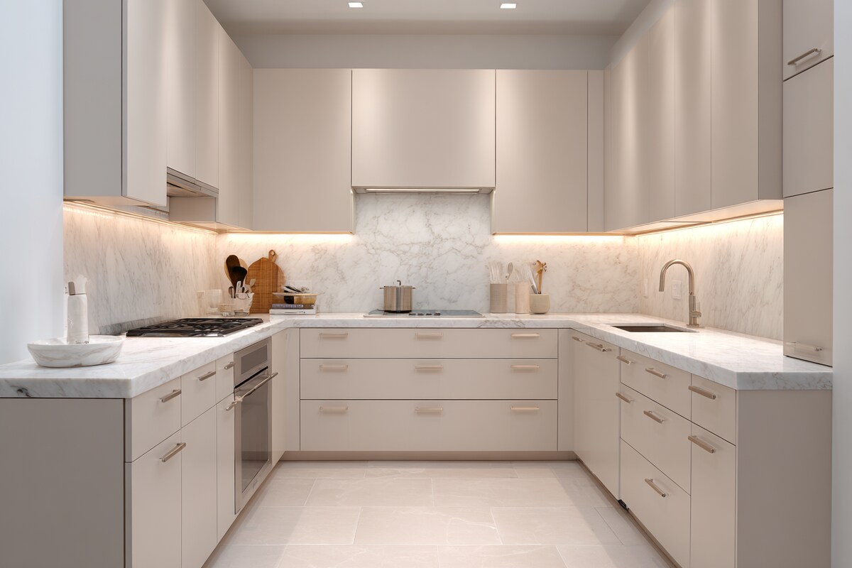 Parallel German-Hardware Kitchen with Under-Cabinet Warm LED Sensor Strip Lights #139